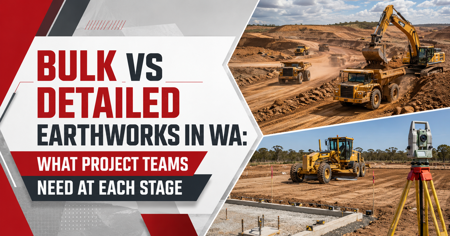Bulk and detailed earthworks in Western Australia showing excavators, dump trucks, grading equipment and survey work on a civil construction site.